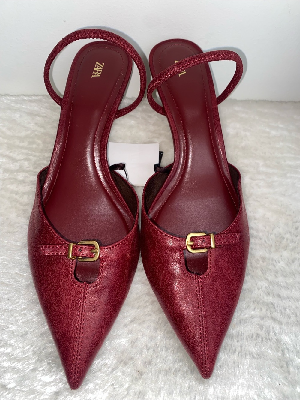 ZARA Slingback Wine Red Pointed Heels with Gold Buckle - Size 9 - NEW - Picture 2 of 7